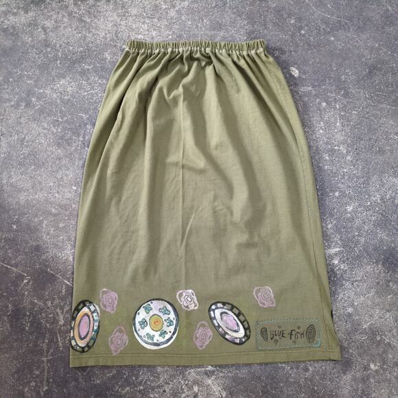 Vintage Blue Fish Skirt Green Hand Printed Wheels Cottage Summer Beach Waist 26 - Picture 3 of 8